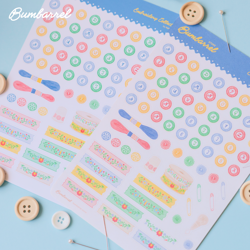 Folk Heritage Button Alphabet & Washi Sticker Sheet | Set 3 of 3 Embroidery Collection