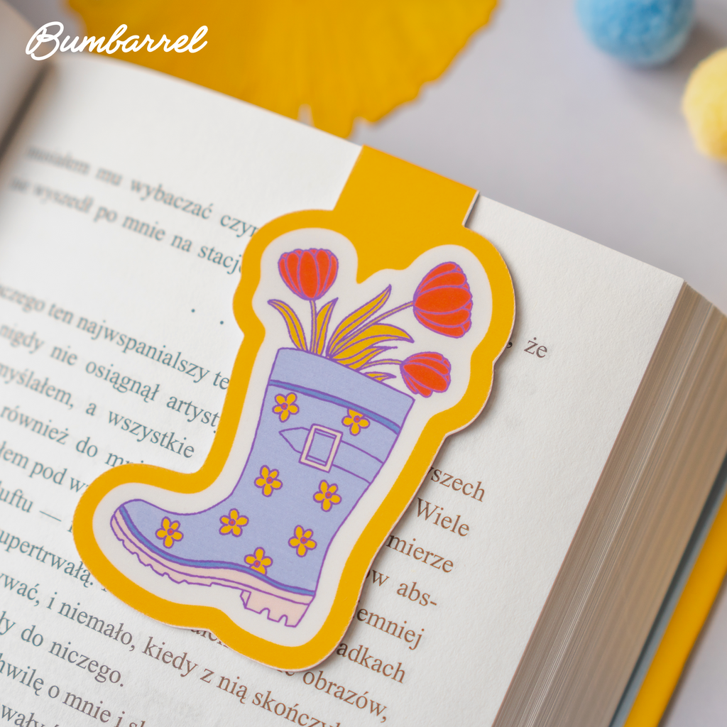 Blue Welly Boot Bookmark | Hand-Painted Red Tulips & Yellow Spring Flowers