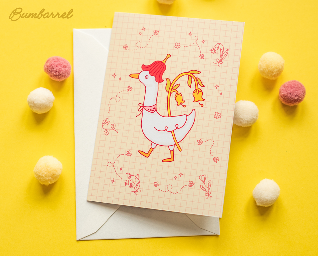 Goose with Spring Flowers Easter Card | Hand-Painted Folk Bird Greeting Card